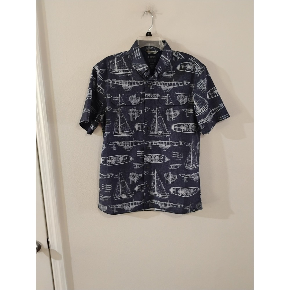 Chaps Mens Blue Nautical Sailboat Blueprint Performance Button Down Shirt Medium